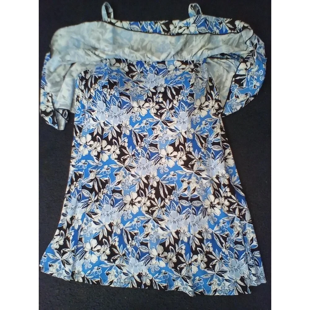 Fit 4 U  Women's Bathing Suit Swimdress Size 20W Tiered Floral Blue Black